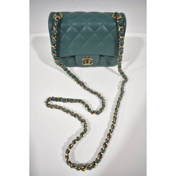 Chanel 21A Green Square Mini Flap CC Logo Quilted Gold Chain Crossbody Bag - Picture 3 of 9